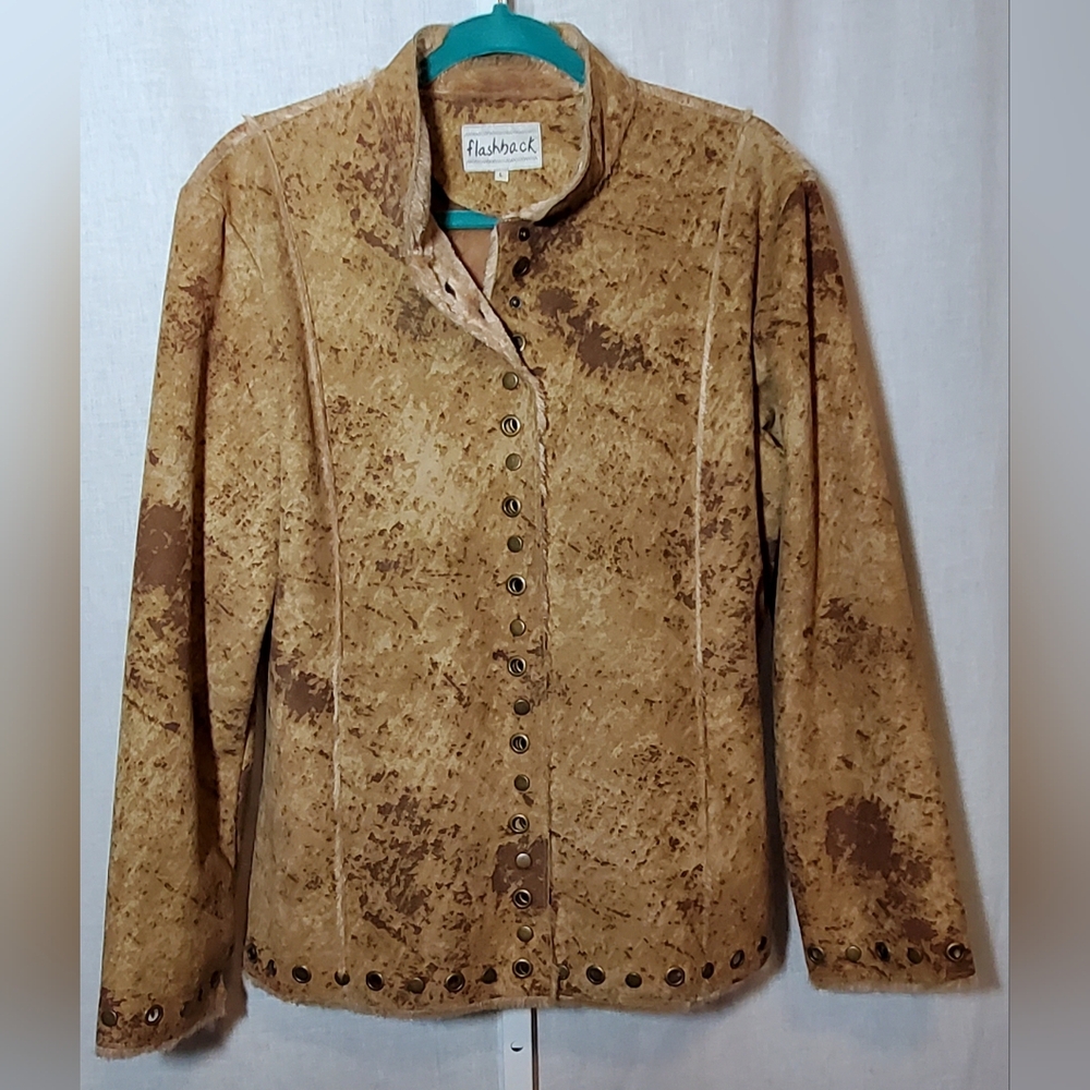 Vintage Flashback Brown Faux Shearling Suede Fur Lined Snap Front Jacket Size L